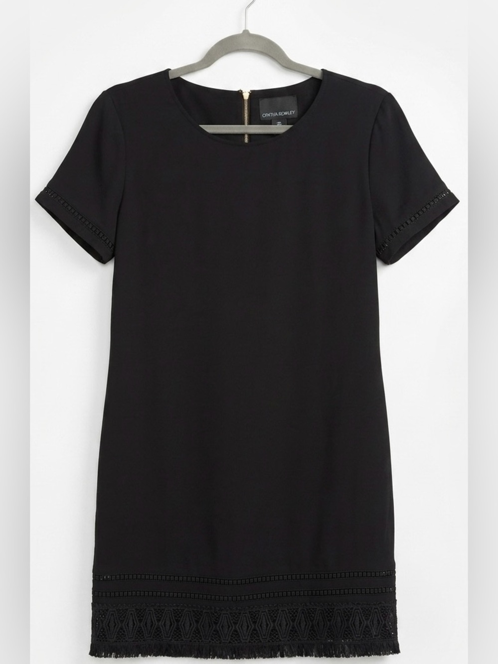 Cynthia Rowley Black Short-Sleeve Shift Dress w/ Intricate Lace & Fringe Detail